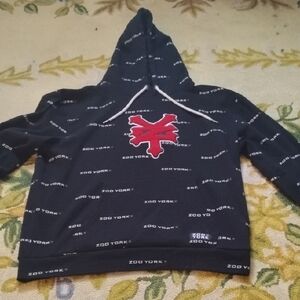 Men's Black Red Vintage XL Zoo York AOP All Over Logo Print Hoodie Skateboarding
